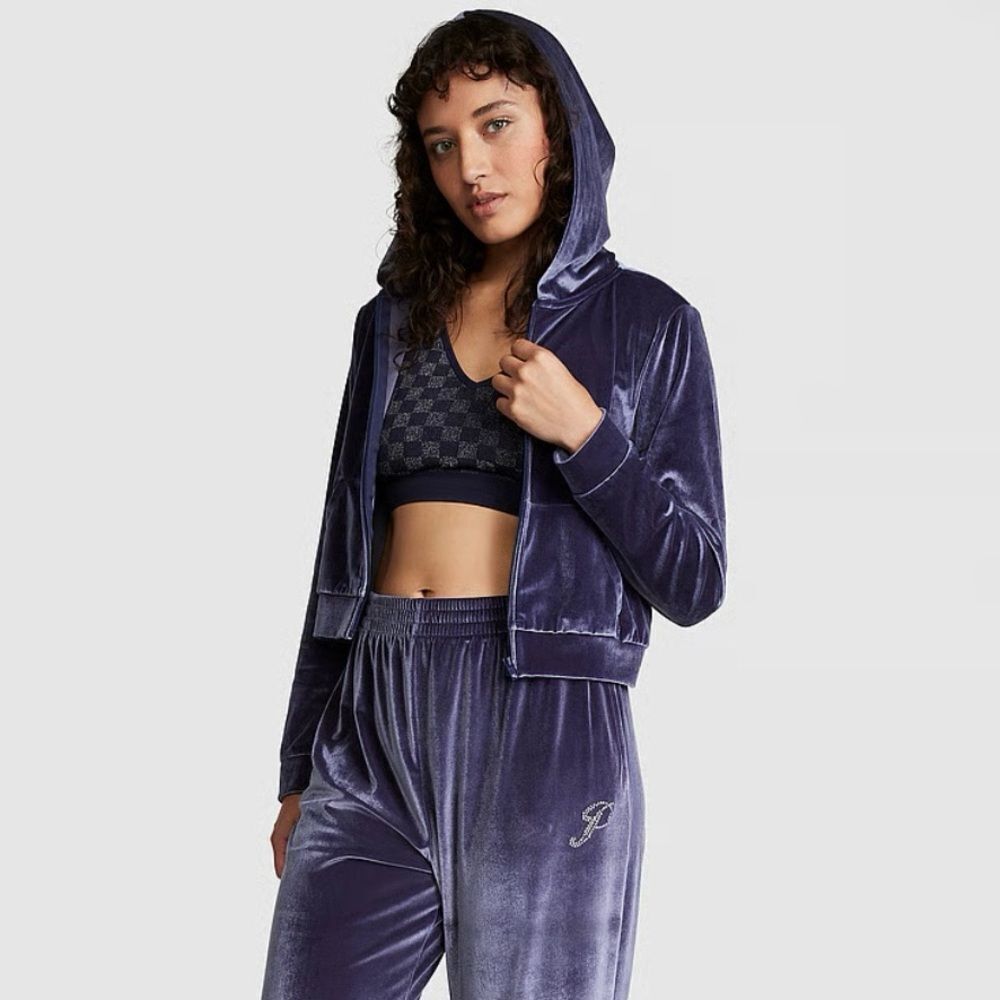 PINK Victoria’s Secret‎ Velour Shine Logo Full-Zip Crop Hoodie Blue L NWT IN PKG